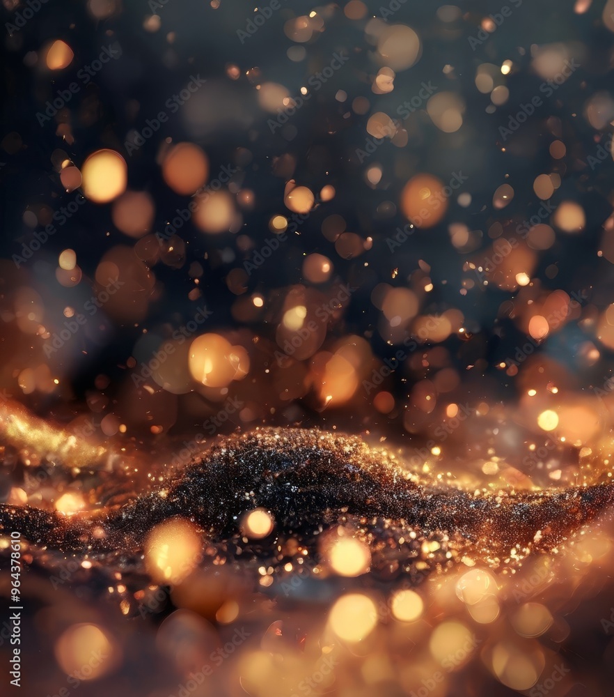 Poster close-up view of a glittering, textured surface with a dark background, creating a visually striking