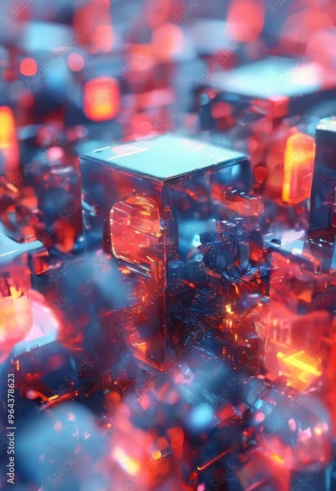 Aufkleber a digital art piece featuring a complex, abstract structure composed of various shapes and colors, i