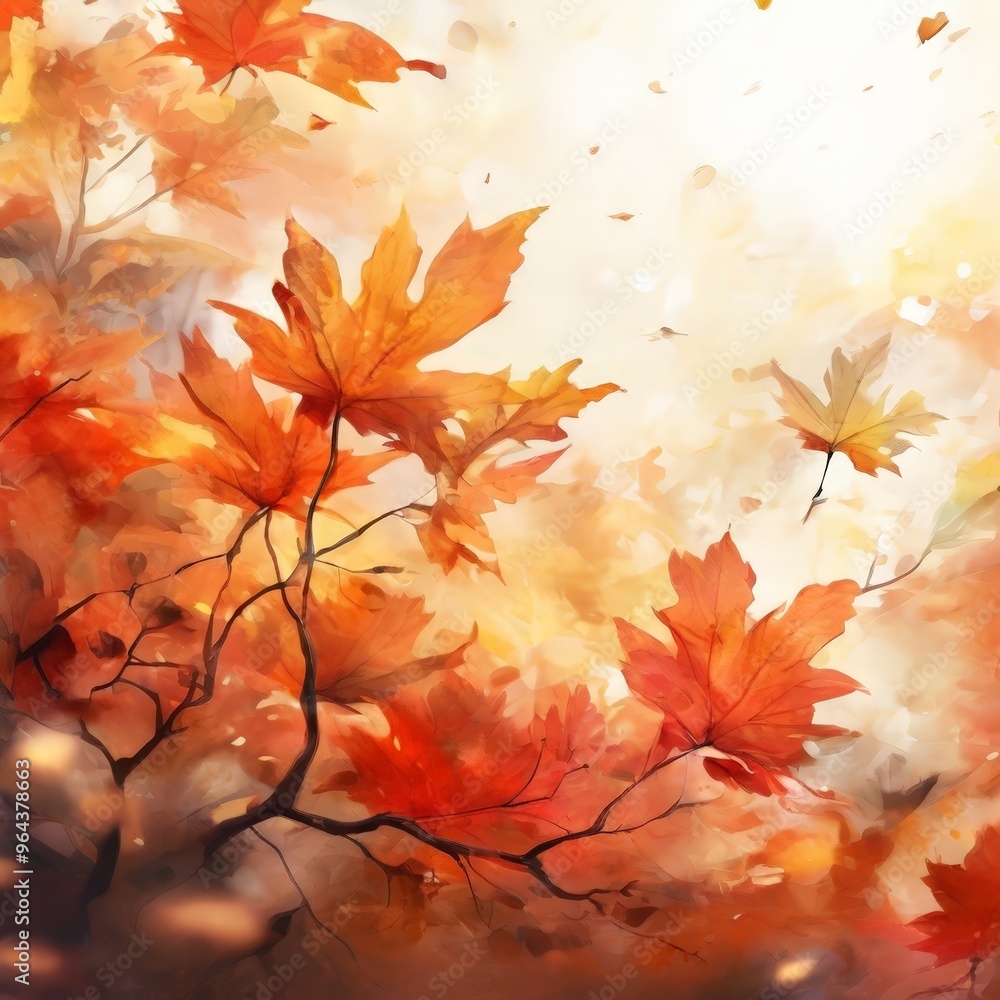 Poster a vibrant autumn scene with orange and yellow maple leaves scattered across a blurred background, cr