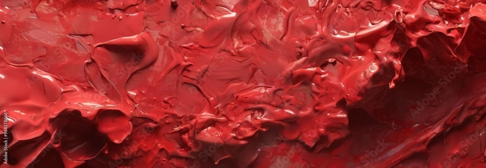Poster a close-up view of a textured surface with a red, glossy paint or ink that appears to be dripping or