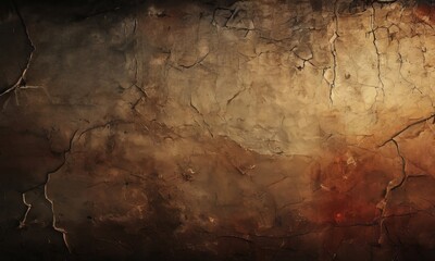 a textured, cracked wall with a dark, moody color palette. The cracks are uneven and vary in size, creating a sense of depth and texture. The background is a blend of warm and