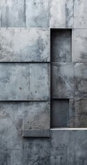 a close-up view of a concrete wall with a grid-like pattern of rectangular blocks, some of which have small holes or openings.