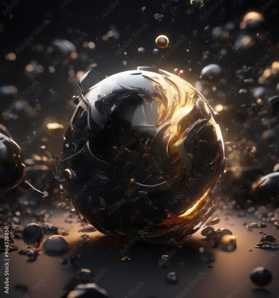 Poster a metallic sphere with a swirling pattern of gold and black, surrounded by smaller metallic spheres 