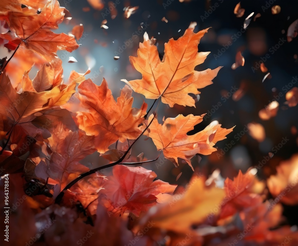 Poster a close-up view of vibrant orange and red maple leaves in full bloom, with some leaves falling gentl