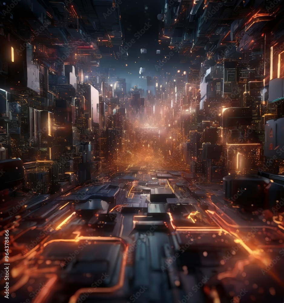Poster futuristic cityscape, characterized by a complex network of glowing, metallic structures and glowing