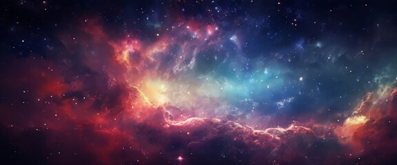 Fototapeta premium a vibrant cosmic scene, featuring a nebula with swirling clouds of red, orange, and blue hues, as well as a multitude of stars scattered throughout the dark background.