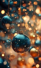 Obraz premium A close-up view of a blue Christmas ornament with gold accents, suspended from a string, against a background of blurred, bokeh-filled lights.