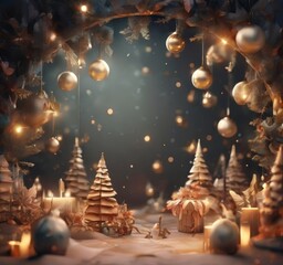 A digital illustration of a Christmas scene with a snowy landscape, trees, and ornaments, illuminated by a soft glow of lights and surrounded by a dark background.