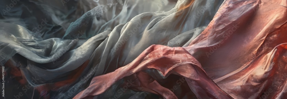 Poster a close-up view of a flowing fabric with a mix of gray and red hues, creating a dynamic and abstract composition.