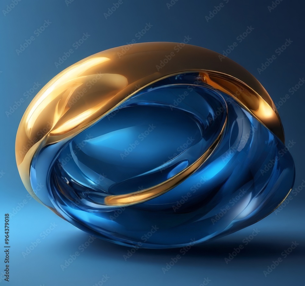 Poster a spherical object with a golden and blue color scheme, set against a gradient blue background.
