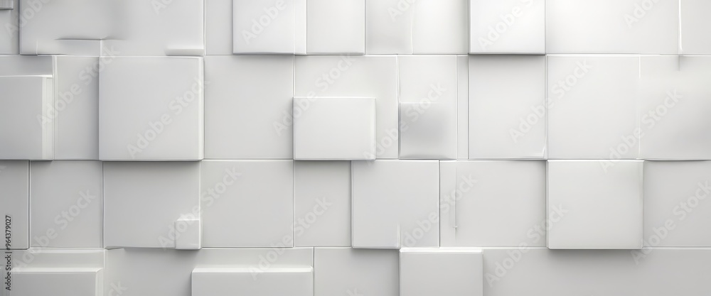 Poster a a white geometric pattern composed of various square and rectangular blocks arranged in a grid-lik