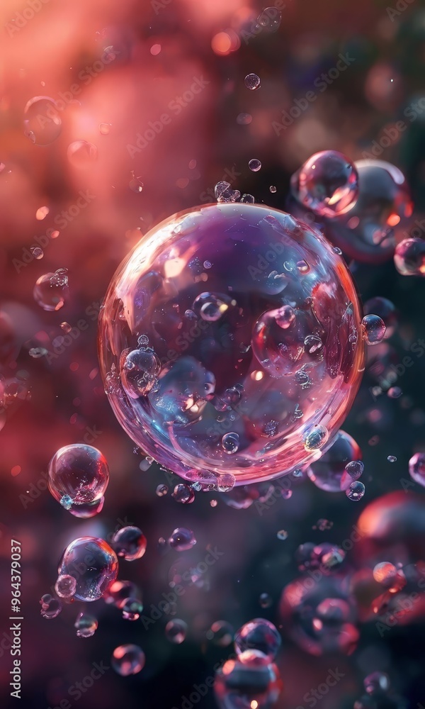 Poster close-up view of a single, transparent bubble floating in a dark, blurred background. the bubble is 