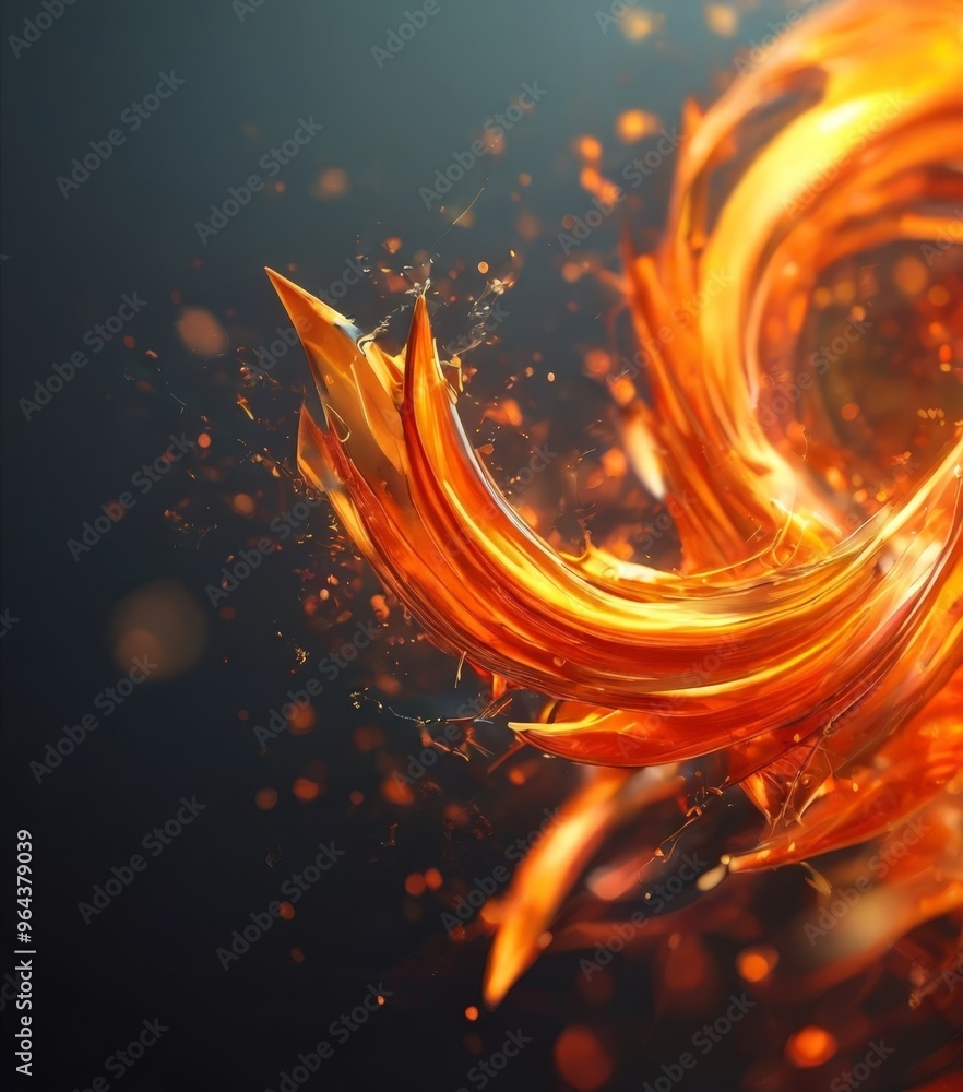 Poster a dynamic, fiery abstract composition with swirling, curving lines and splashes of orange and red ag