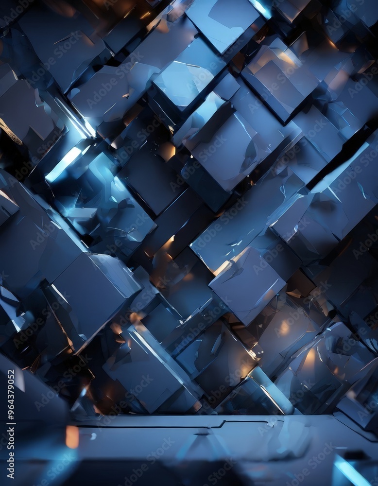 Poster a digital art piece featuring a complex arrangement of overlapping cubes in shades of blue and black