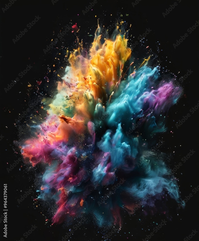 Poster a vibrant explosion of colorful powder particles against a black background, creating a dynamic and 