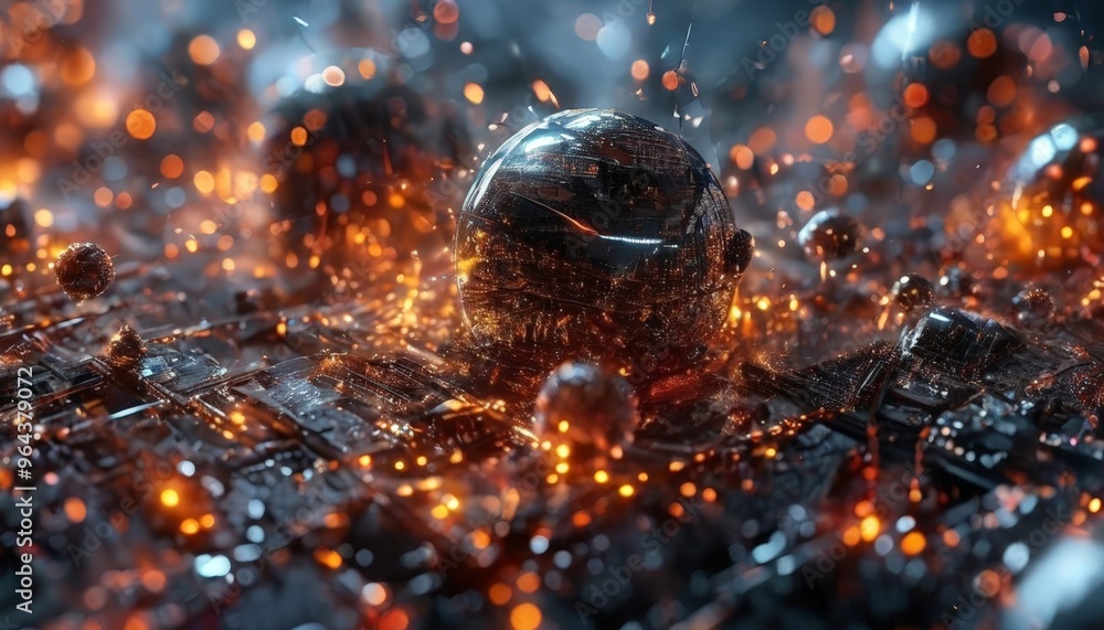 Poster a futuristic cityscape with a metallic sphere at the center, surrounded by a multitude of smaller sp