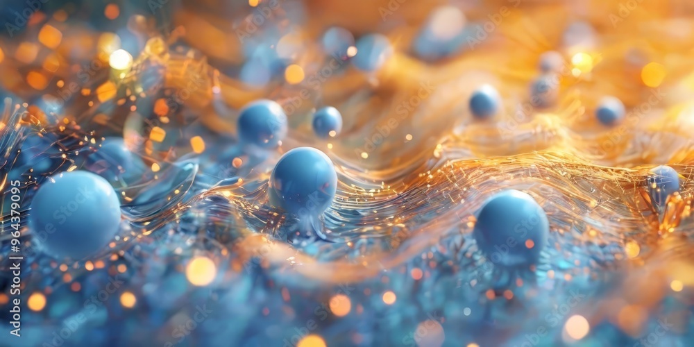 Poster a close-up view of a complex, abstract pattern of blue spheres and orange lines, creating a sense of