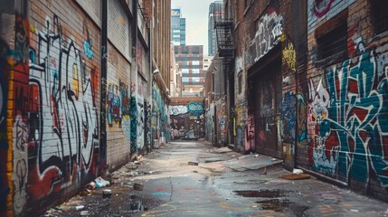 Fototapeta premium Graffiti-filled alleyway, reflecting the raw energy of urban street life