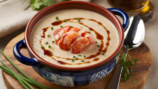  A serving of lobster bisque with a rich, velvety texture, garnished with a drizzle of sherry and a sprinkle of chives, presented in a ceramic bowl.