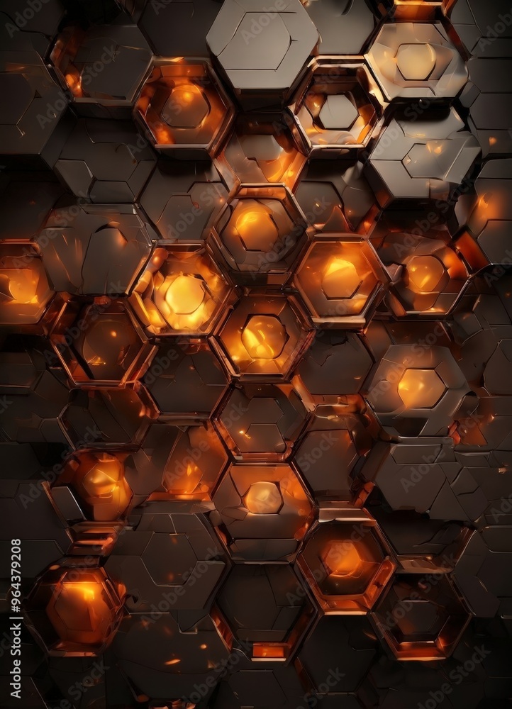 Poster honeycomb pattern, composed of numerous hexagonal shapes in varying shades of brown and orange, crea
