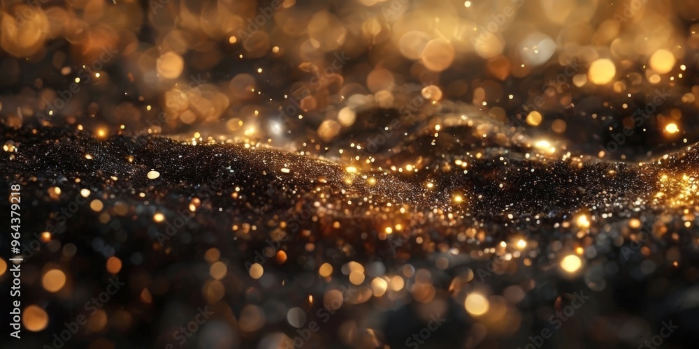 Poster a close-up view of a glittering, textured surface, with a multitude of small, round, golden lights s