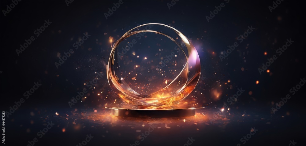 Poster a golden ring encircles a glowing sphere, set against a dark background with a scattering of fiery p