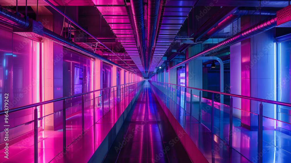 Poster high-tech recycling complex transforming rubbish into resources and bathed in multicolored light