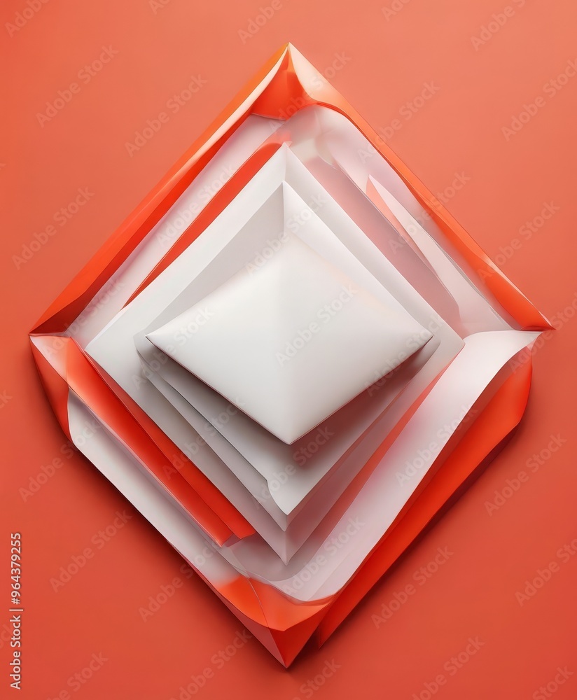 Poster a geometric design composed of overlapping white and red triangles, forming a diamond shape against 