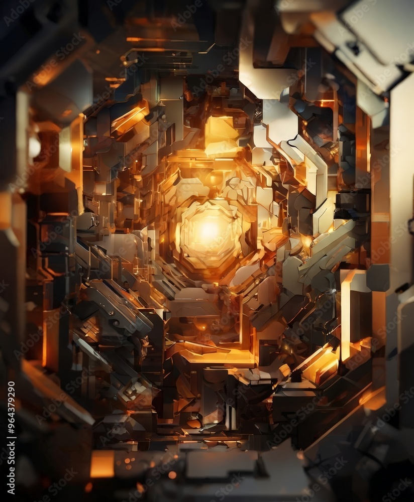 Poster a digital art piece featuring a complex, futuristic structure composed of various metallic shapes an
