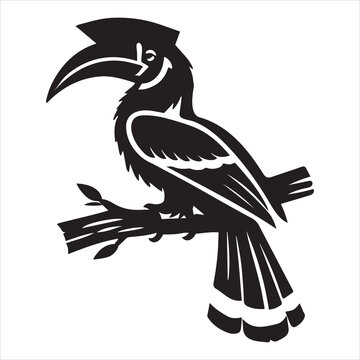 black hornbill perched on branch clip art preview