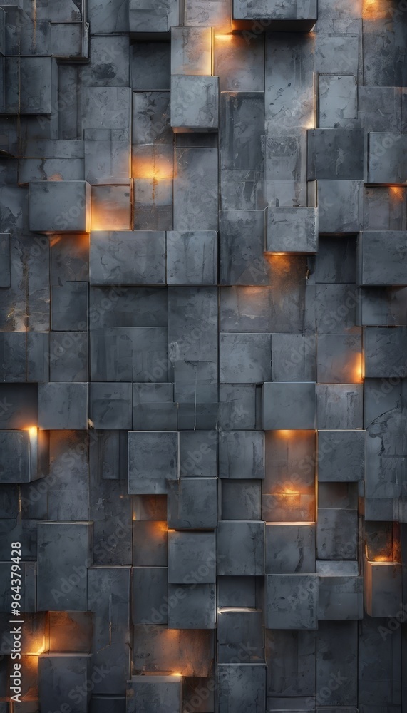 Poster concrete wall composed of numerous gray cubes, each illuminated by a warm orange light. the cubes ar