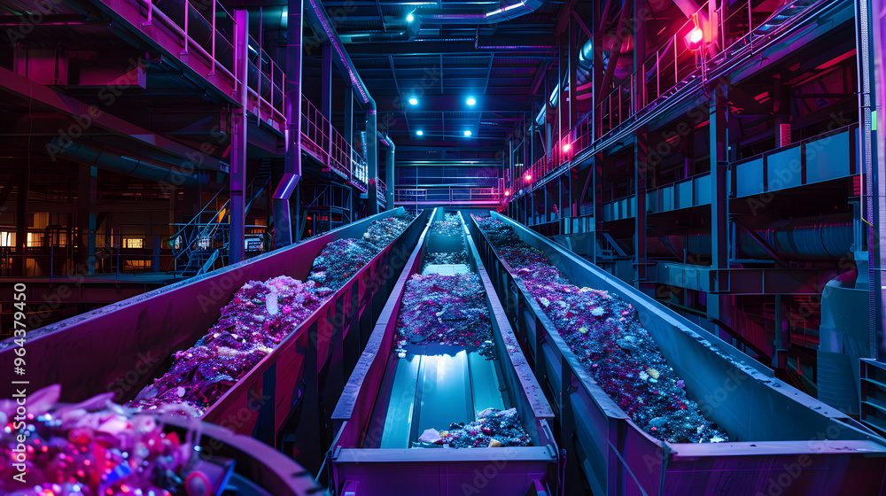 Poster high-tech recycling complex transforming rubbish into resources and bathed in multicolored light