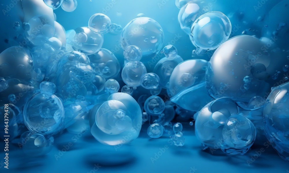 Poster a collection of numerous transparent bubbles of varying sizes and shapes, floating against a blue ba