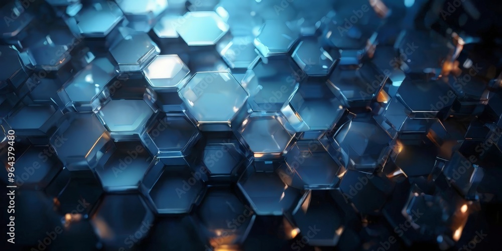 Poster a close-up view of a complex pattern of hexagonal shapes, with varying shades of blue and orange. th