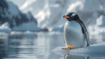 Fototapeta premium Single Penguin Standing on Ice, Perfect for Nature Conservation and Wildlife Education Materials