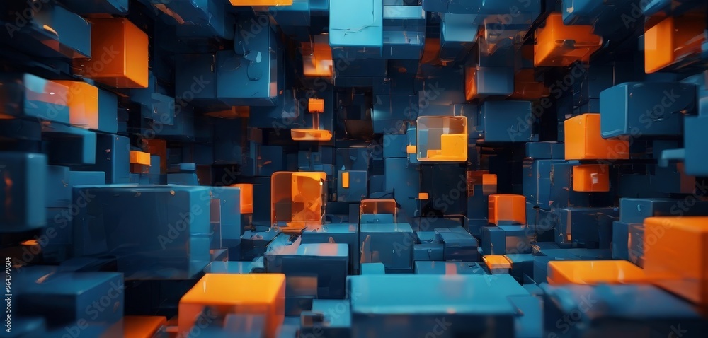 Poster complex, abstract scene composed of numerous blue and orange cubes, creating a sense of depth and di