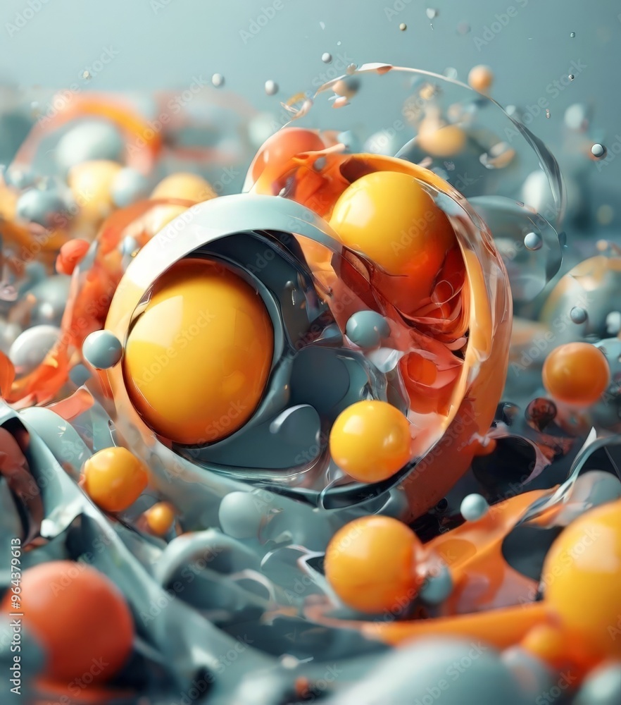 Poster a vibrant and abstract composition of overlapping spheres in various shades of orange, yellow, and g