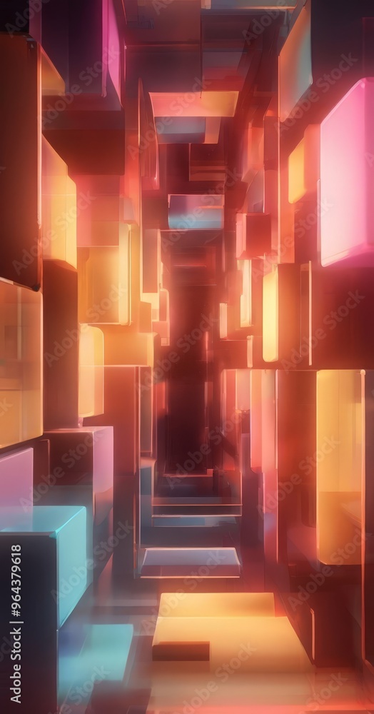 Poster a vibrant, abstract digital artwork featuring a complex arrangement of overlapping cubes in various 