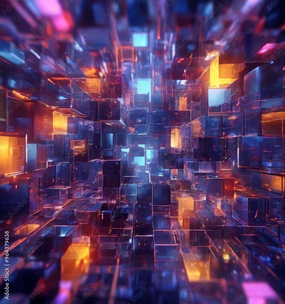 Poster a digital illustration featuring a complex arrangement of multicolored cubes, creating a visually st