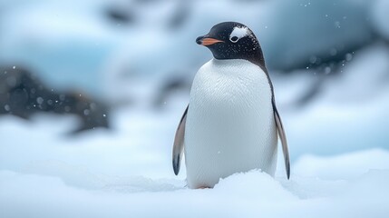 Obraz premium A Single Penguin Standing Majestically on Ice Surrounded by Expansive White Space Perfect for Nature and Wildlife Themes