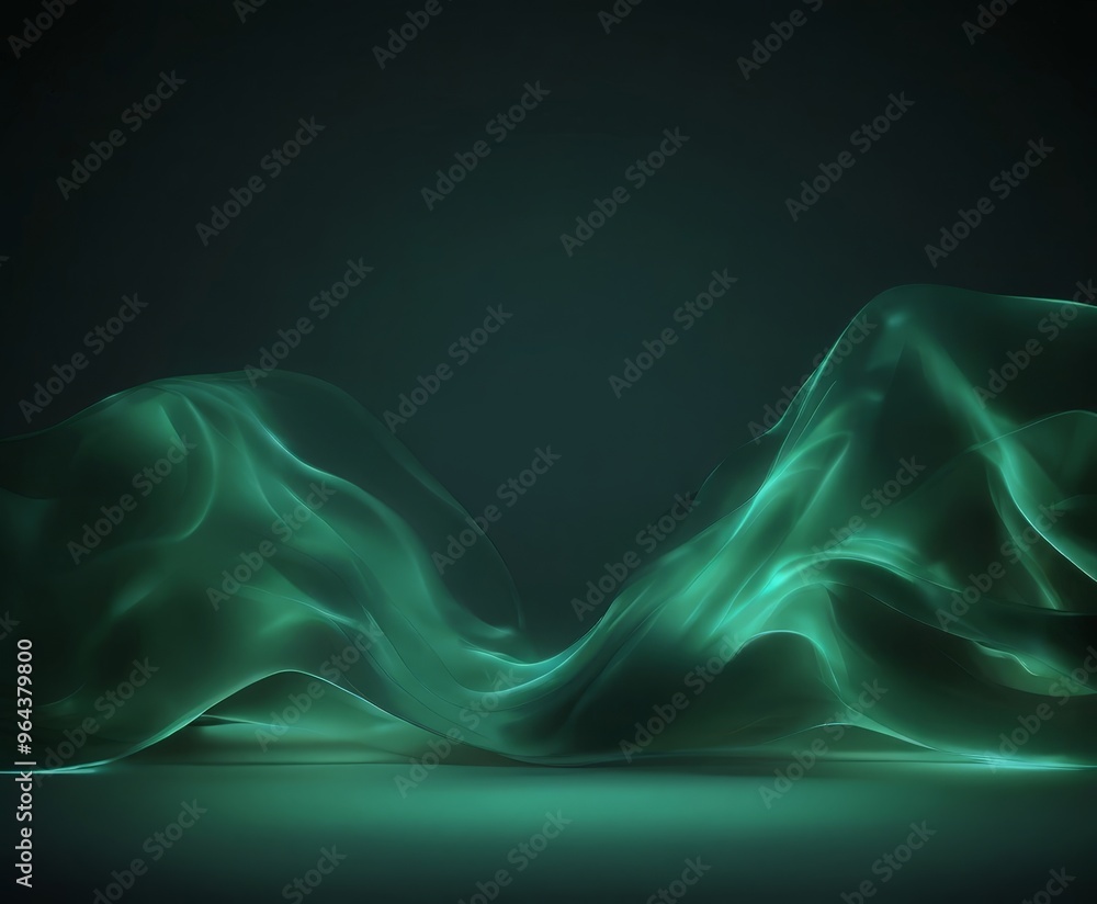 Poster a dark, abstract background with a flowing, green-hued wave-like shape in the center, creating a sen