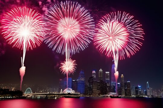 Colorful Fireworks Lighting Up Night Skyline Festivities