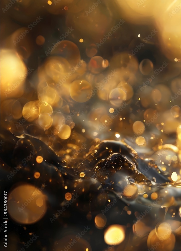 Poster a close-up of a dark, textured surface with a pattern of small, circular lights in shades of gold an
