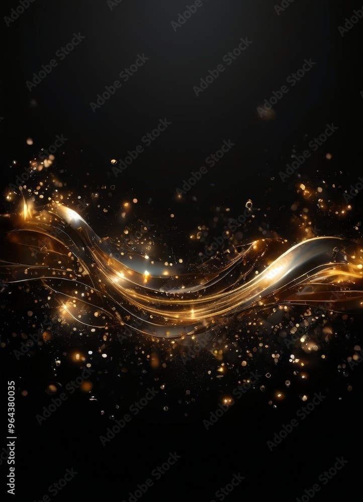 Poster dark background with a wave-like pattern of gold and silver metallic lines and sparkling lights, cre