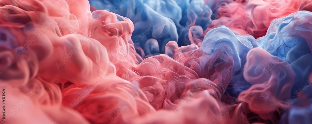 Poster a close-up view of a swirling, abstract pattern of pink and blue smoke or vapor, creating a dynamic 