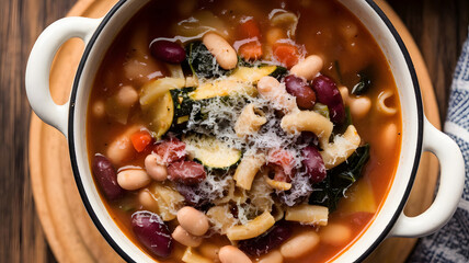 A bowl of minestrone soup filled with beans, pasta, and a variety of vegetables like zucchini and spinach, garnished with grated Parmesan cheese.