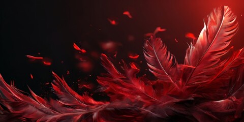 a close-up view of a cluster of vibrant red feathers, with some feathers appearing to be in motion, against a dark background.