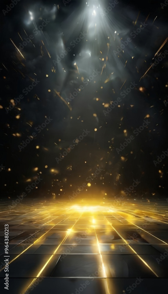 Poster a futuristic, abstract scene with a grid-like pattern of glowing lines and a radiant, golden light at the center, surrounded by a dark background and scattered particles.