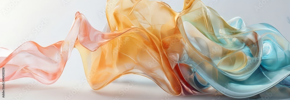 Poster vibrant abstract composition of flowing, translucent shapes in a gradient of orange, pink, and blue, creating a dynamic and visually scene.