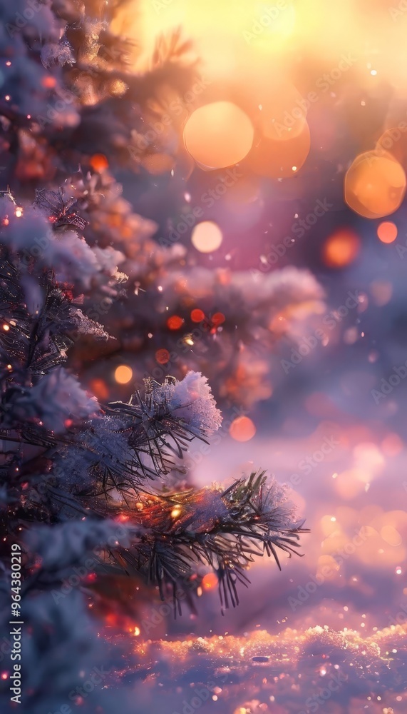 Poster a close-up view of a snow-covered pine tree branch with a warm, glowing light shining through the br